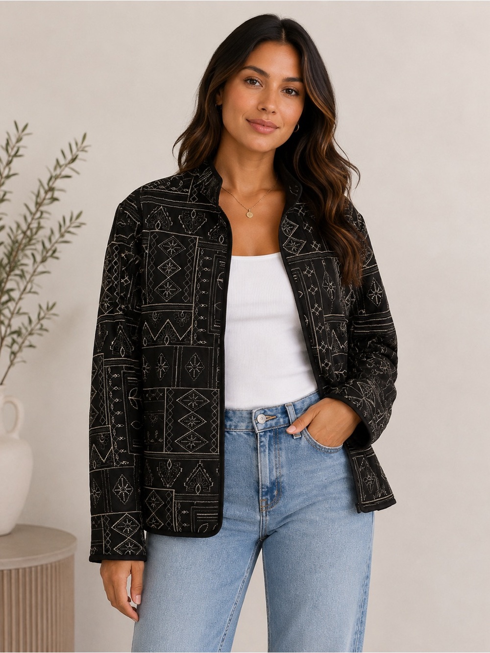 Alfred Dunner Black embroidered Jacket with Cream stitch pattern size 8P